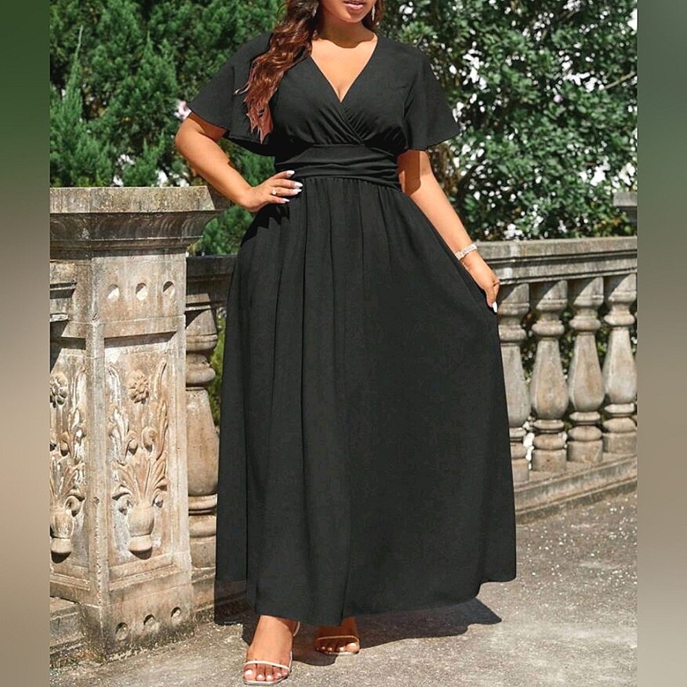 NEW Ruched Waist Maxi Dress Flutter Short Sleeve PLUS Black